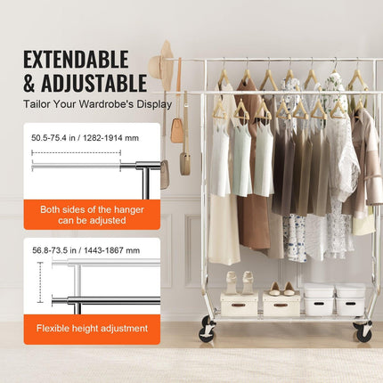 Heavy Duty Clothes Rack, Double Hanging Rod Clothing Garment Rack for Hanging Clothes, Adjustable Height and Extendable Length Clothing Rack with Bottom Storage Area, 272 KG Load Capacity.
