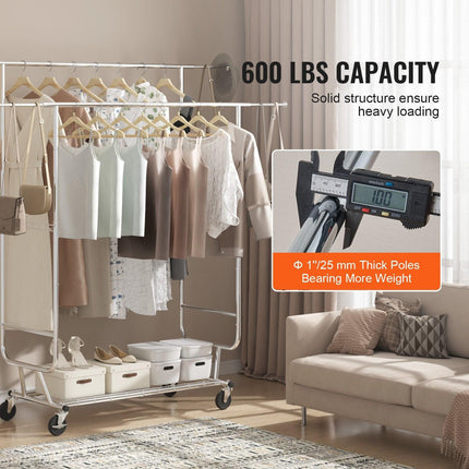 Heavy Duty Clothes Rack, Double Hanging Rod Clothing Garment Rack for Hanging Clothes, Adjustable Height and Extendable Length Clothing Rack with Bottom Storage Area, 272 KG Load Capacity.