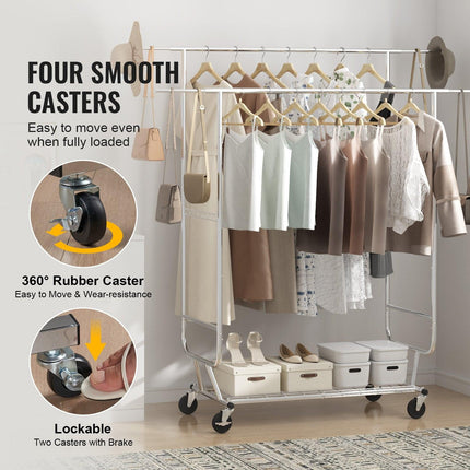 Heavy Duty Clothes Rack, Double Hanging Rod Clothing Garment Rack for Hanging Clothes, Adjustable Height and Extendable Length Clothing Rack with Bottom Storage Area, 272 KG Load Capacity.