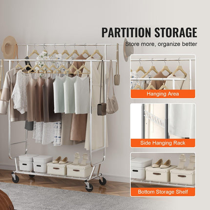 Heavy Duty Clothes Rack, Double Hanging Rod Clothing Garment Rack for Hanging Clothes, Adjustable Height and Extendable Length Clothing Rack with Bottom Storage Area, 272 KG Load Capacity.