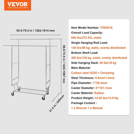 Heavy Duty Clothes Rack, Double Hanging Rod Clothing Garment Rack for Hanging Clothes, Adjustable Height and Extendable Length Clothing Rack with Bottom Storage Area, 272 KG Load Capacity.