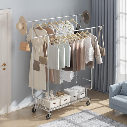 Heavy Duty Clothes Rack, Double Hanging Rod Clothing Garment Rack for Hanging Clothes, Adjustable Height and Extendable Length Clothing Rack with Bottom Storage Area, 272 KG Load Capacity.