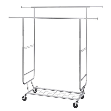 Heavy Duty Clothes Rack, Double Hanging Rod Clothing Garment Rack for Hanging Clothes, Adjustable Height and Extendable Length Clothing Rack with Bottom Storage Area, 272 KG Load Capacity.