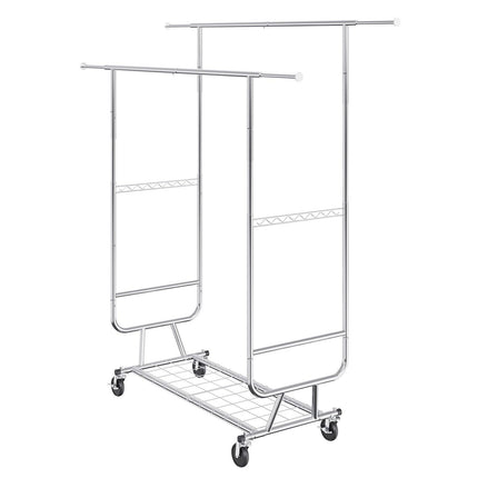 Heavy Duty Clothes Rack, Double Hanging Rod Clothing Garment Rack for Hanging Clothes, Adjustable Height and Extendable Length Clothing Rack with Bottom Storage Area, 272 KG Load Capacity.