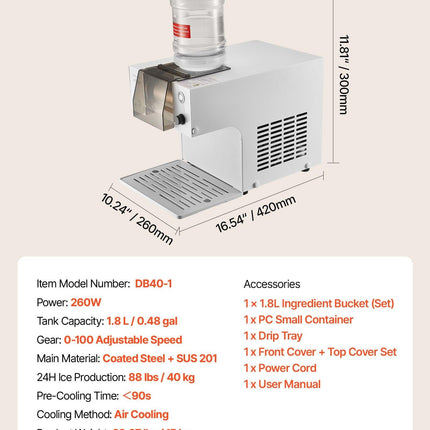 Snowflake Ice Machine, 40KG/24H Snowflake Ice Maker, Ice-Shaver Machine with Stainless Steel Blade, Electric Snow Cone Maker with 1.8L Tank, 90S Fast Pre-Cooling, for Home & Small Gatherings.