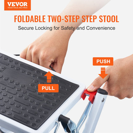 Step Ladder 2-Step 150kg Capacity, Ergonomic Folding Steel Step Stool with Wide Anti-Slip Pedal, Sturdy Step Stool for Adults Toddlers, Multi-Use for Household, Kitchen, Office, RVs.