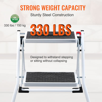 Step Ladder 2-Step 150kg Capacity, Ergonomic Folding Steel Step Stool with Wide Anti-Slip Pedal, Sturdy Step Stool for Adults Toddlers, Multi-Use for Household, Kitchen, Office, RVs.
