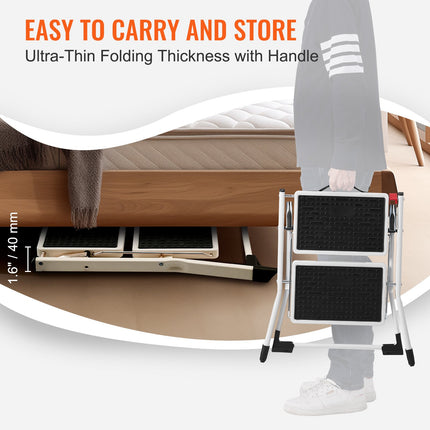 Step Ladder 2-Step 150kg Capacity, Ergonomic Folding Steel Step Stool with Wide Anti-Slip Pedal, Sturdy Step Stool for Adults Toddlers, Multi-Use for Household, Kitchen, Office, RVs.