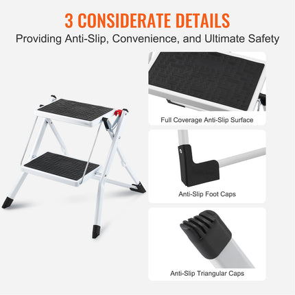 Step Ladder 2-Step 150kg Capacity, Ergonomic Folding Steel Step Stool with Wide Anti-Slip Pedal, Sturdy Step Stool for Adults Toddlers, Multi-Use for Household, Kitchen, Office, RVs.