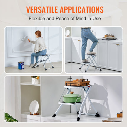 Step Ladder 2-Step 150kg Capacity, Ergonomic Folding Steel Step Stool with Wide Anti-Slip Pedal, Sturdy Step Stool for Adults Toddlers, Multi-Use for Household, Kitchen, Office, RVs.