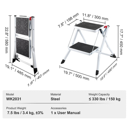 Step Ladder 2-Step 150kg Capacity, Ergonomic Folding Steel Step Stool with Wide Anti-Slip Pedal, Sturdy Step Stool for Adults Toddlers, Multi-Use for Household, Kitchen, Office, RVs.