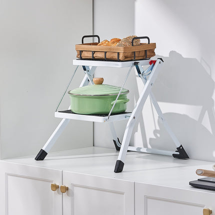 Step Ladder 2-Step 150kg Capacity, Ergonomic Folding Steel Step Stool with Wide Anti-Slip Pedal, Sturdy Step Stool for Adults Toddlers, Multi-Use for Household, Kitchen, Office, RVs.