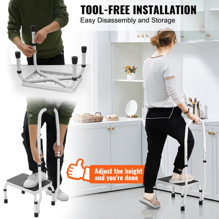 Step Stool 1-Step 150KG Capacity, 3 Adjustable Height with Handle Steel Step Ladder, Portable Toddler Step Stools for Adults, Non-Slip Sturdy Step Ladders for Office, RVs, Pets.