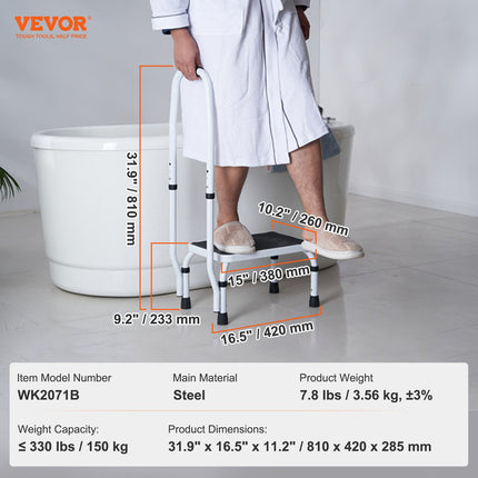 Step Stool 1-Step 150KG Capacity, 3 Adjustable Height with Handle Steel Step Ladder, Portable Toddler Step Stools for Adults, Non-Slip Sturdy Step Ladders for Office, RVs, Pets.