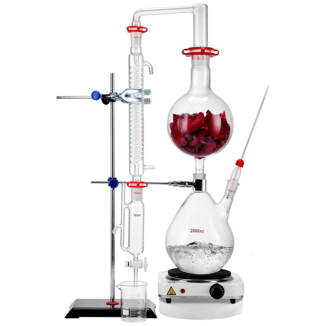 Essential Oil Distillation Kit, 2000ml Distillation Apparatus, 3.3 Boro Lab Glassware Distillation Kit with 1000W Heating Plate and 24, 40 Joint, 28 pcs Set.
