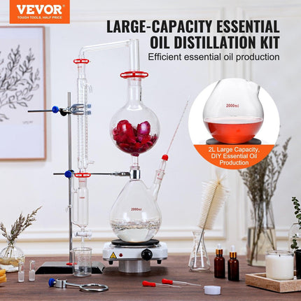 Essential Oil Distillation Kit, 2000ml Distillation Apparatus, 3.3 Boro Lab Glassware Distillation Kit with 1000W Heating Plate and 24, 40 Joint, 28 pcs Set.