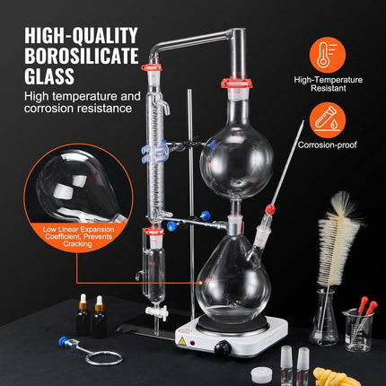 Essential Oil Distillation Kit, 2000ml Distillation Apparatus, 3.3 Boro Lab Glassware Distillation Kit with 1000W Heating Plate and 24, 40 Joint, 28 pcs Set.