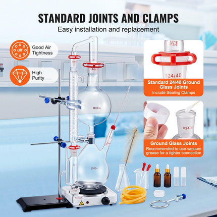 Essential Oil Distillation Kit, 2000ml Distillation Apparatus, 3.3 Boro Lab Glassware Distillation Kit with 1000W Heating Plate and 24, 40 Joint, 28 pcs Set.