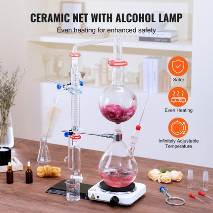 Essential Oil Distillation Kit, 2000ml Distillation Apparatus, 3.3 Boro Lab Glassware Distillation Kit with 1000W Heating Plate and 24, 40 Joint, 28 pcs Set.