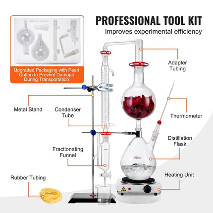 Essential Oil Distillation Kit, 2000ml Distillation Apparatus, 3.3 Boro Lab Glassware Distillation Kit with 1000W Heating Plate and 24, 40 Joint, 28 pcs Set.