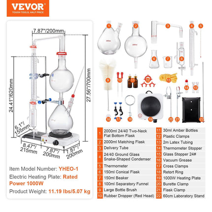 Essential Oil Distillation Kit, 2000ml Distillation Apparatus, 3.3 Boro Lab Glassware Distillation Kit with 1000W Heating Plate and 24, 40 Joint, 28 pcs Set.