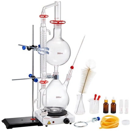 Essential Oil Distillation Kit, 2000ml Distillation Apparatus, 3.3 Boro Lab Glassware Distillation Kit with 1000W Heating Plate and 24, 40 Joint, 28 pcs Set.