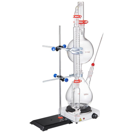Essential Oil Distillation Kit, 2000ml Distillation Apparatus, 3.3 Boro Lab Glassware Distillation Kit with 1000W Heating Plate and 24, 40 Joint, 28 pcs Set.