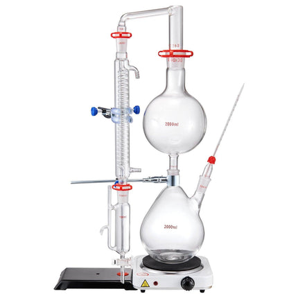 Essential Oil Distillation Kit, 2000ml Distillation Apparatus, 3.3 Boro Lab Glassware Distillation Kit with 1000W Heating Plate and 24, 40 Joint, 28 pcs Set.
