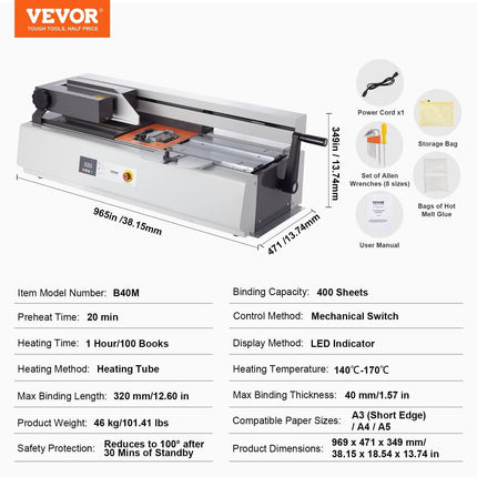 Thermal Binding Machine, 400 Sheets Capacity Hot Glue Binding Machine, Thermal Book Binder 40mm Binding Thickness A3(Short Edge)/A4/A5 Document.