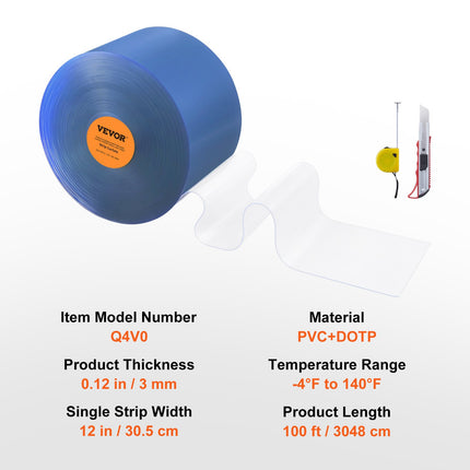 Strip Curtain, 3048 cm L x 30.5 cm W x 3 mm Thickness, Clear PVC Smooth Curtain Strip Door Bulk Roll, Plastic Door Strips for Doorway of Supermarket, Garage, Warehouse, Barn, Pet Animal House.