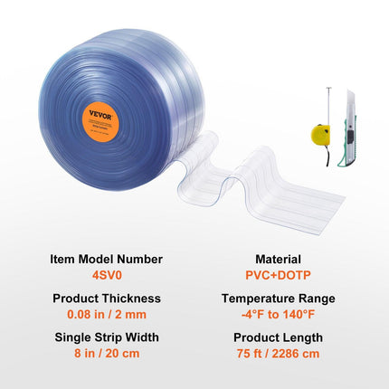 Strip Curtain, 2286 cm L x 20 cm W x 2 mm Thickness, Clear Ribbed PVC Curtain Strip Door Bulk Roll, Plastic Door Strips for Doorways of Supermarket, Garage, Warehouse, Barn, Pet Animal House.