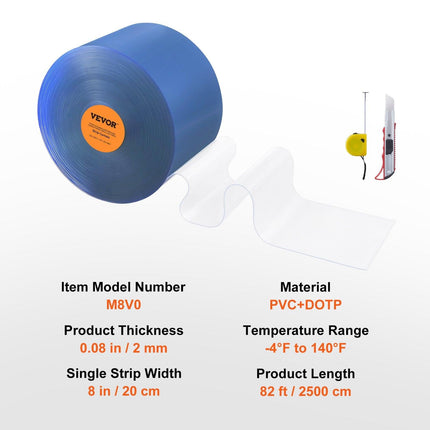 Strip Curtain, 2500 cm L x 20 cm W x 2 mm Thickness, Clear PVC Smooth Curtain Strip Door Bulk Roll, Plastic Door Strips for Doorways of Supermarket, Garage, Warehouse, Barn, Pet Animal House.