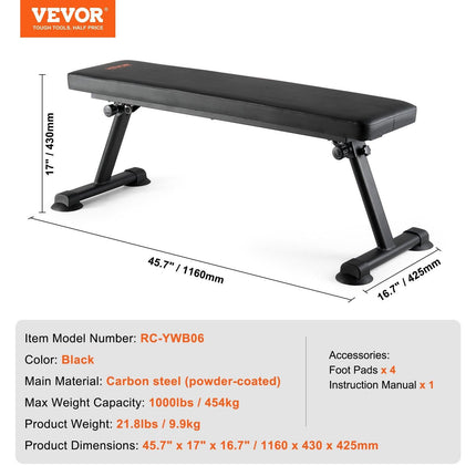 Flat Weight Bench, Foldable Strength Training Bench, Utility Workout Bench for Full Body Workout, 1000 LBS Press Bench for Home Gym Exercise, for Multi-Purpose Weight Training and Ab Exercises.
