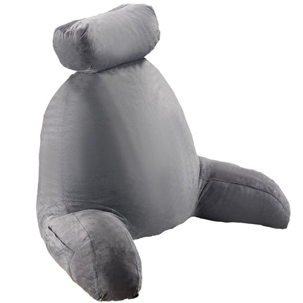 Reading Pillow, Large Bed Pillow with Removable Headrest, Back Pillow with 3 Pockets, Shredded Memory Foam and Washable Short Velvet Cloth, Side with Handles for Reading, Gaming, Resting, Grey.