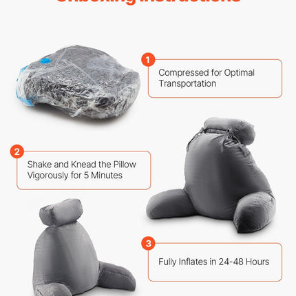Reading Pillow, Large Bed Pillow with Removable Headrest, Back Pillow with 3 Pockets, Shredded Memory Foam and Washable Short Velvet Cloth, Side with Handles for Reading, Gaming, Resting, Grey.