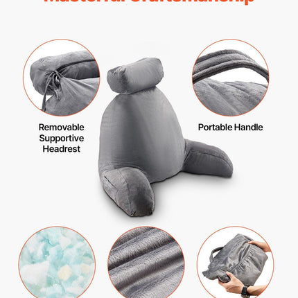 Reading Pillow, Large Bed Pillow with Removable Headrest, Back Pillow with 3 Pockets, Shredded Memory Foam and Washable Short Velvet Cloth, Side with Handles for Reading, Gaming, Resting, Grey.