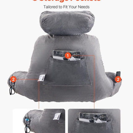 Reading Pillow, Large Bed Pillow with Removable Headrest, Back Pillow with 3 Pockets, Shredded Memory Foam and Washable Short Velvet Cloth, Side with Handles for Reading, Gaming, Resting, Grey.