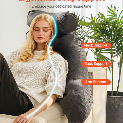 Reading Pillow, Large Bed Pillow with Removable Headrest, Back Pillow with 3 Pockets, Shredded Memory Foam and Washable Short Velvet Cloth, Side with Handles for Reading, Gaming, Resting, Grey.
