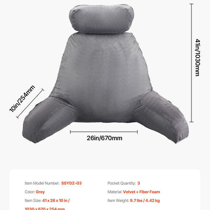 Reading Pillow, Large Bed Pillow with Removable Headrest, Back Pillow with 3 Pockets, Shredded Memory Foam and Washable Short Velvet Cloth, Side with Handles for Reading, Gaming, Resting, Grey.