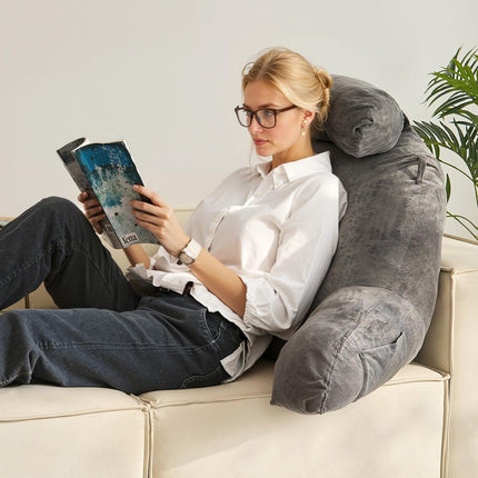 Reading Pillow, Large Bed Pillow with Removable Headrest, Back Pillow with 3 Pockets, Shredded Memory Foam and Washable Short Velvet Cloth, Side with Handles for Reading, Gaming, Resting, Grey.