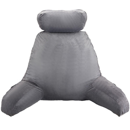 Reading Pillow, Large Bed Pillow with Removable Headrest, Back Pillow with 3 Pockets, Shredded Memory Foam and Washable Short Velvet Cloth, Side with Handles for Reading, Gaming, Resting, Grey.