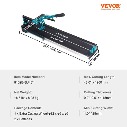 Manual Tile Cutter, 1200mm, Porcelain Ceramic Tile Cutter with Tungsten Carbide Cutting Wheel, Infrared Positioning, Anti-Skid Feet, Durable Rails for professional installers or beginners.