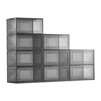 Shoe Storage Boxes, 9 Pack Clear Stackable Shoe Boxes Storage Organizers with Magnetic Door, Fit up to US Size 13, Plastic Sneaker Containers for High Heels, Boots, and Hats, Transparent Black.