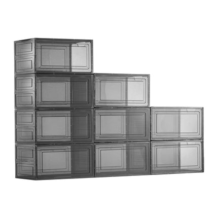 Shoe Storage Boxes, 9 Pack Clear Stackable Shoe Boxes Storage Organizers with Magnetic Door, Fit up to US Size 13, Plastic Sneaker Containers for High Heels, Boots, and Hats, Transparent Black.