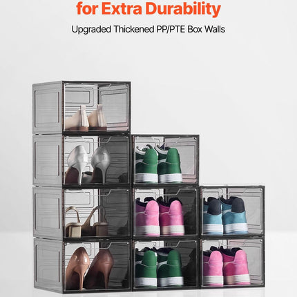 Shoe Storage Boxes, 9 Pack Clear Stackable Shoe Boxes Storage Organizers with Magnetic Door, Fit up to US Size 13, Plastic Sneaker Containers for High Heels, Boots, and Hats, Transparent Black.