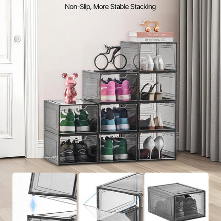 Shoe Storage Boxes, 9 Pack Clear Stackable Shoe Boxes Storage Organizers with Magnetic Door, Fit up to US Size 13, Plastic Sneaker Containers for High Heels, Boots, and Hats, Transparent Black.
