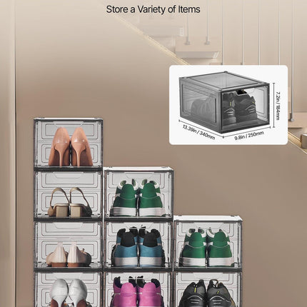 Shoe Storage Boxes, 9 Pack Clear Stackable Shoe Boxes Storage Organizers with Magnetic Door, Fit up to US Size 13, Plastic Sneaker Containers for High Heels, Boots, and Hats, Transparent Black.
