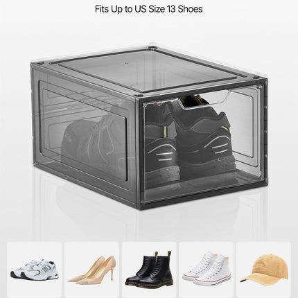 Shoe Storage Boxes, 9 Pack Clear Stackable Shoe Boxes Storage Organizers with Magnetic Door, Fit up to US Size 13, Plastic Sneaker Containers for High Heels, Boots, and Hats, Transparent Black.