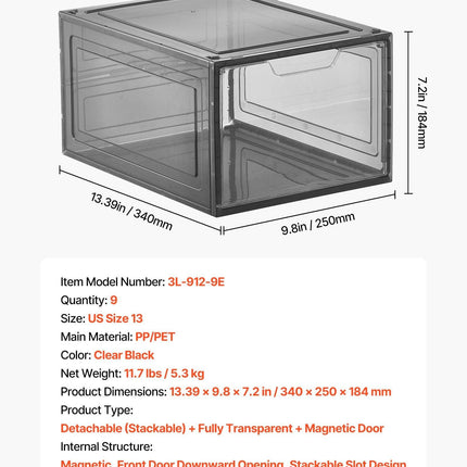 Shoe Storage Boxes, 9 Pack Clear Stackable Shoe Boxes Storage Organizers with Magnetic Door, Fit up to US Size 13, Plastic Sneaker Containers for High Heels, Boots, and Hats, Transparent Black.