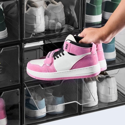 Shoe Storage Boxes, 9 Pack Clear Stackable Shoe Boxes Storage Organizers with Magnetic Door, Fit up to US Size 13, Plastic Sneaker Containers for High Heels, Boots, and Hats, Transparent Black.